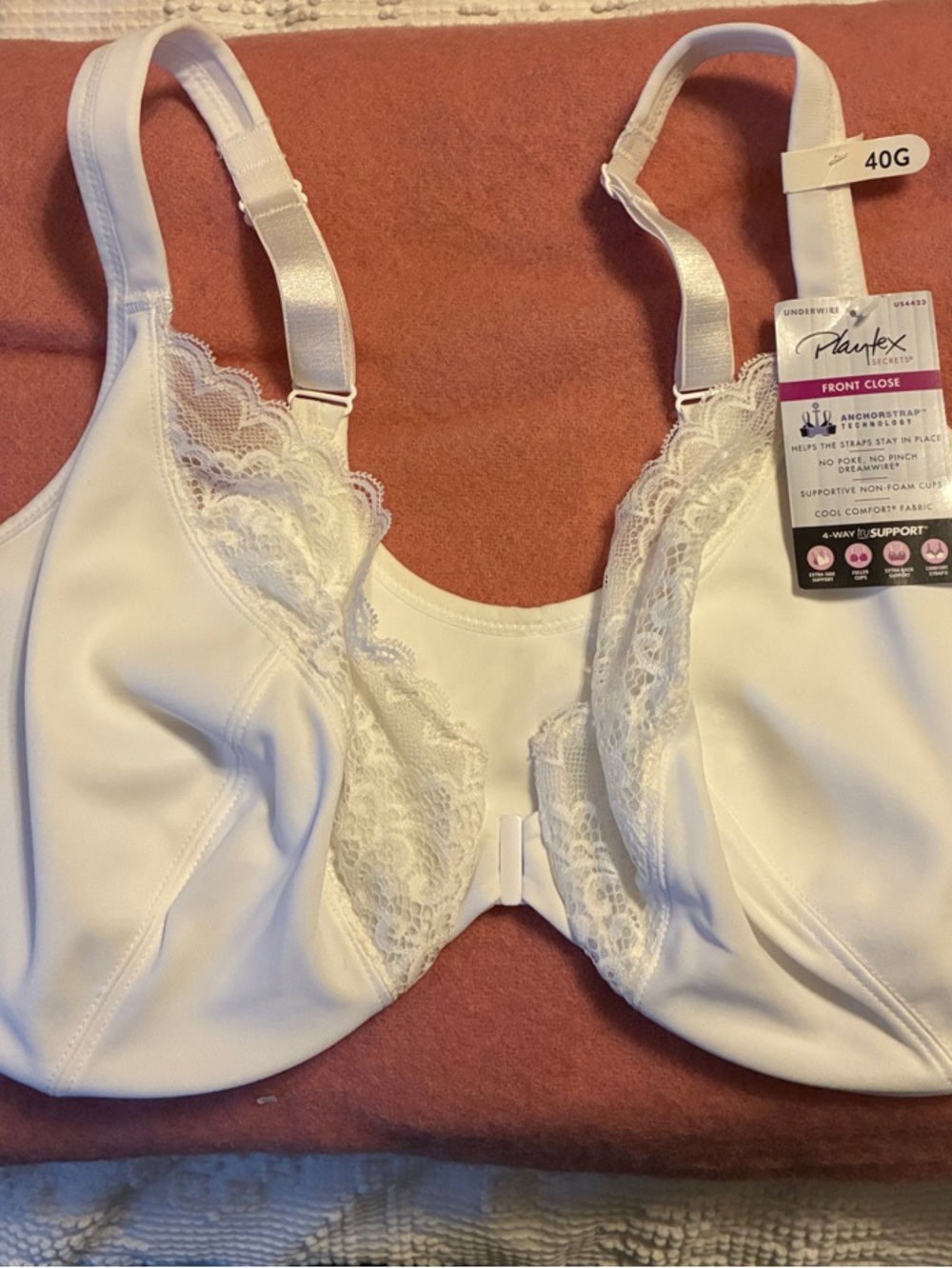 Playtex White Front-Close Lace Trim Full Coverage Underwire Bra - 40G